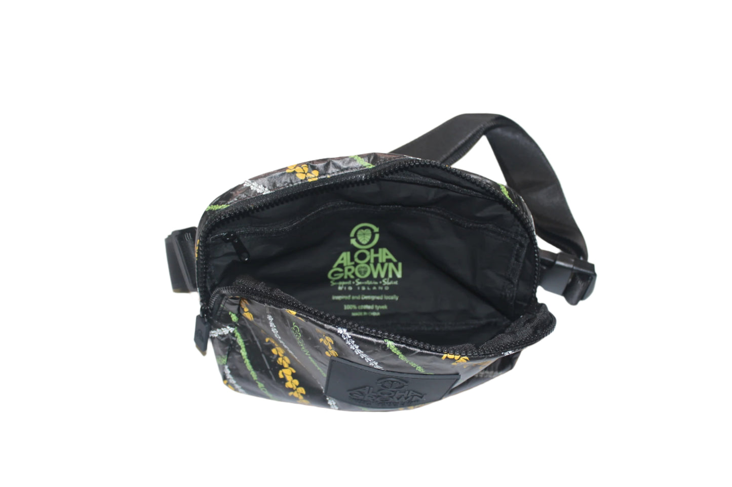 Black waist bag with floral pattern and 'Aloha Crown' branding on a white background